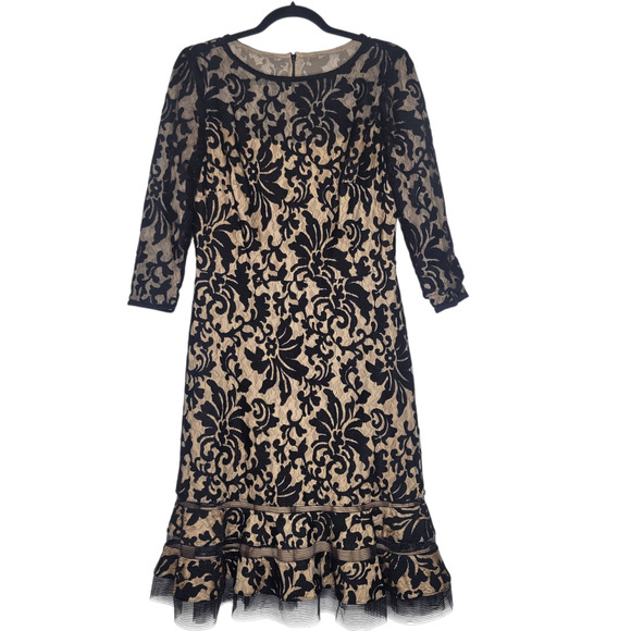 Tadashi Shoji Lace Embroidered Dress Sz 8 Black Cocktail Formal Knee Length Mesh - Picture 1 of 5